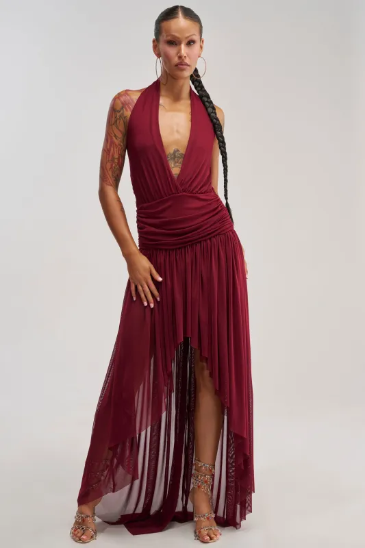 LIKE MY STYLE HIGH LOW MIDI DRESS IN BURGUNDY made by AKIRA