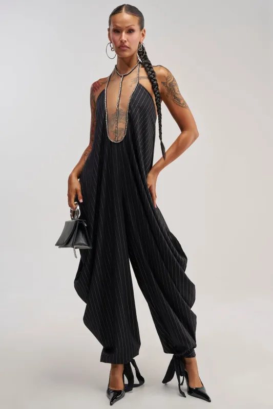 READY FOR BUSINESS PINSTRIPE JUMPSUIT made by AKIRA