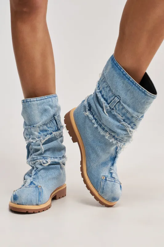 AKIRA GOLD PAPILLION DENIM FLAT BOOTIE made by AKIRA