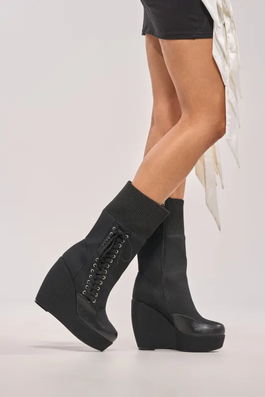 AKIRA WHATEVER BLACK CANVAS WEDGE BOOTIE made by AKIRA