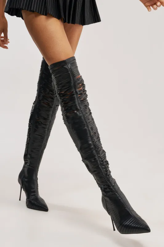 AZALEA WANG BOUDOIR BLACK STRETCH PU OVER THE KNEE CUT OUT BOOT made by Azalea Wang