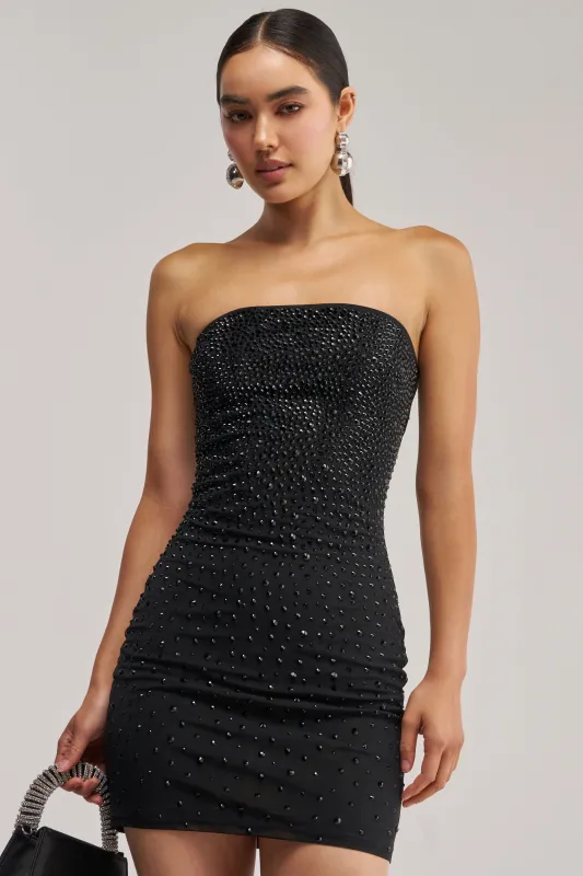 CALL IT CHEMISTRY RHINESTONE MINI DRESS IN BLACK made by AKIRA