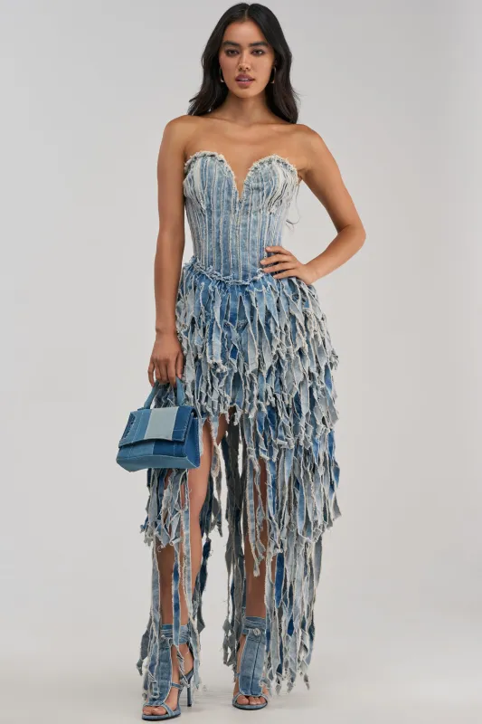 HERE FOR A GOOD TIME STRAPLESS DENIM DRESS made by AKIRA