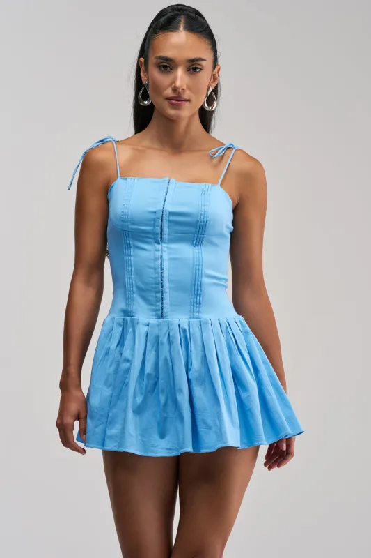 SWEET HEAT POPLIN MINI DRESS IN LIGHT BLUE made by AKIRA