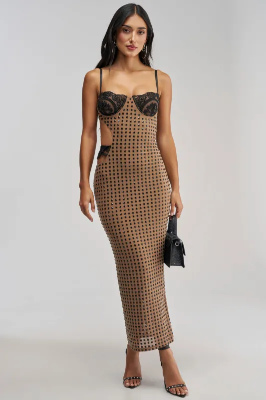 NEVER ALONE IN THE SHEETS RHINESTONE MAXI DRESS made by AKIRA