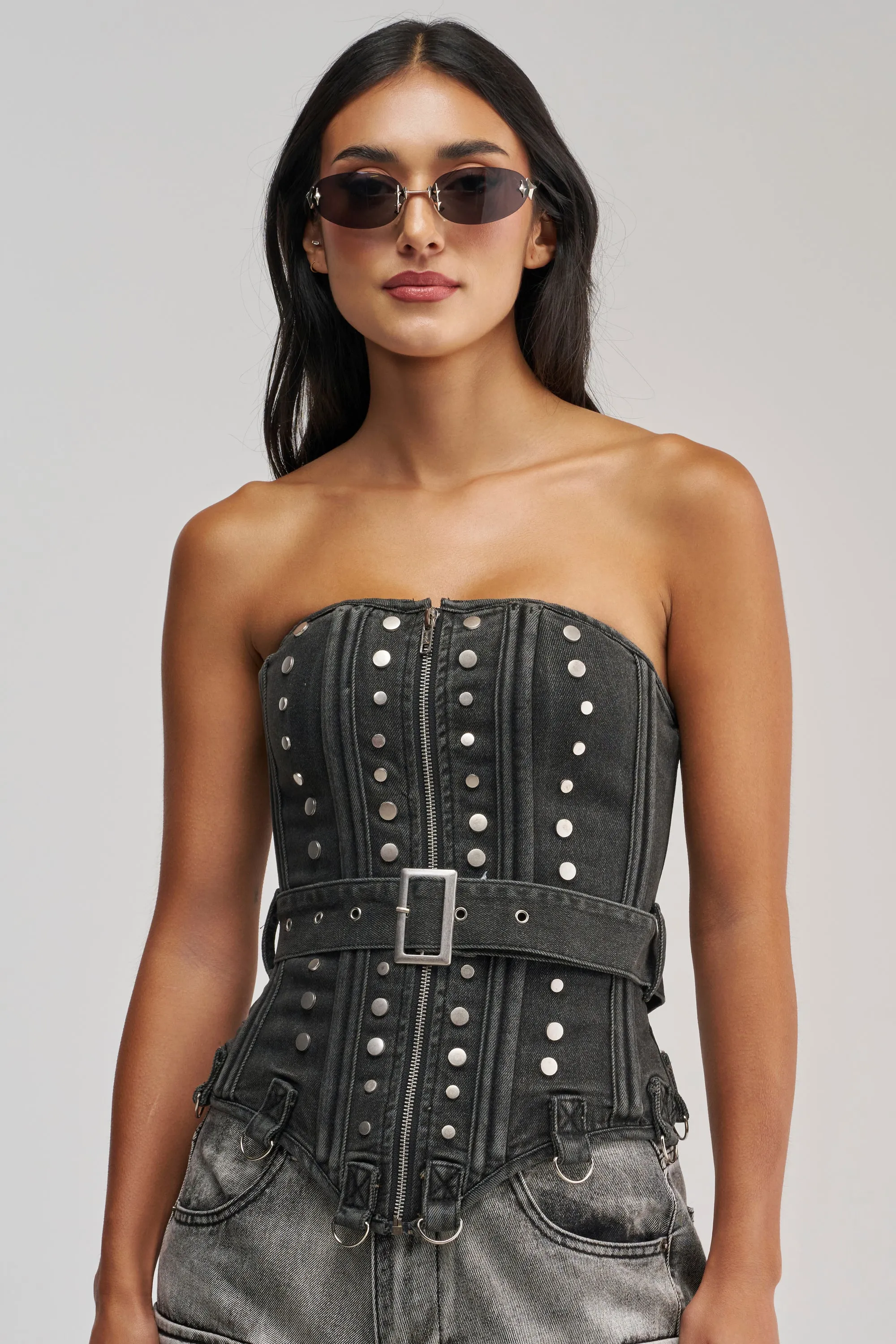 PERK UP STUDDED CORSET IN DENIM sold by AKIRA product image thumbnail 2