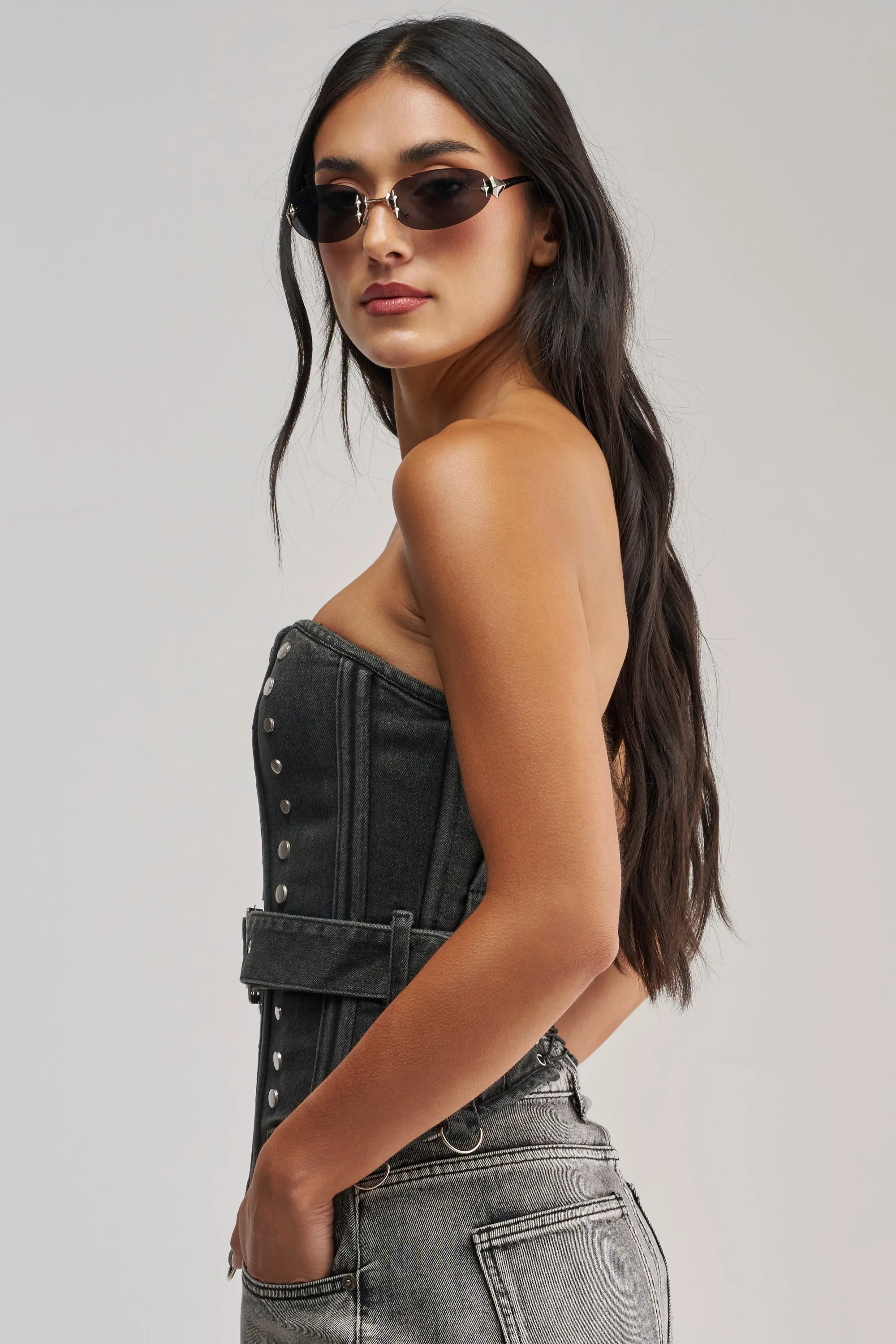 PERK UP STUDDED CORSET IN DENIM sold by AKIRA product image thumbnail 4