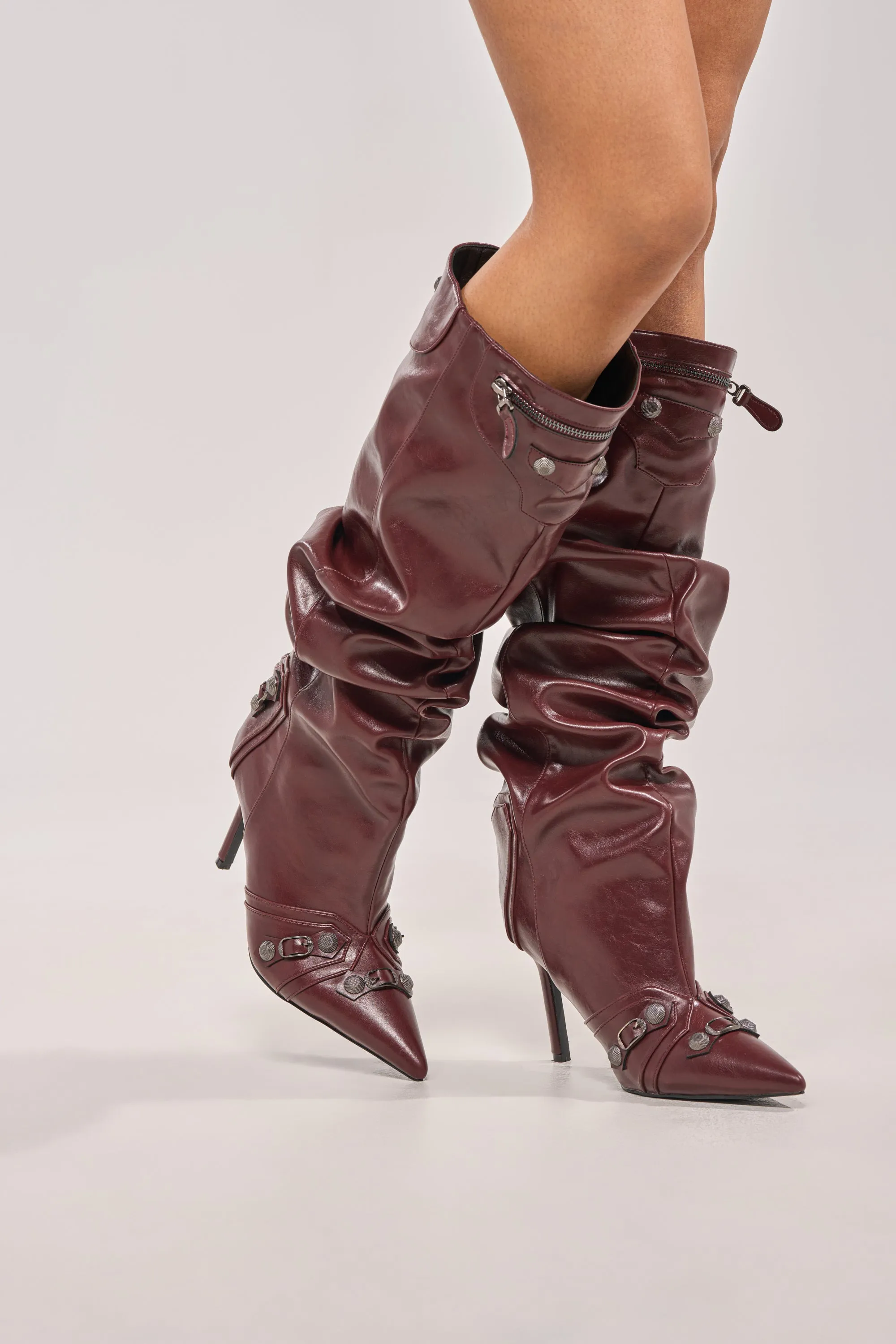 AZALEA WANG TESARA BURGUNDY RUCHED STILETTO BOOT WITH HARDWARE sold by AKIRA