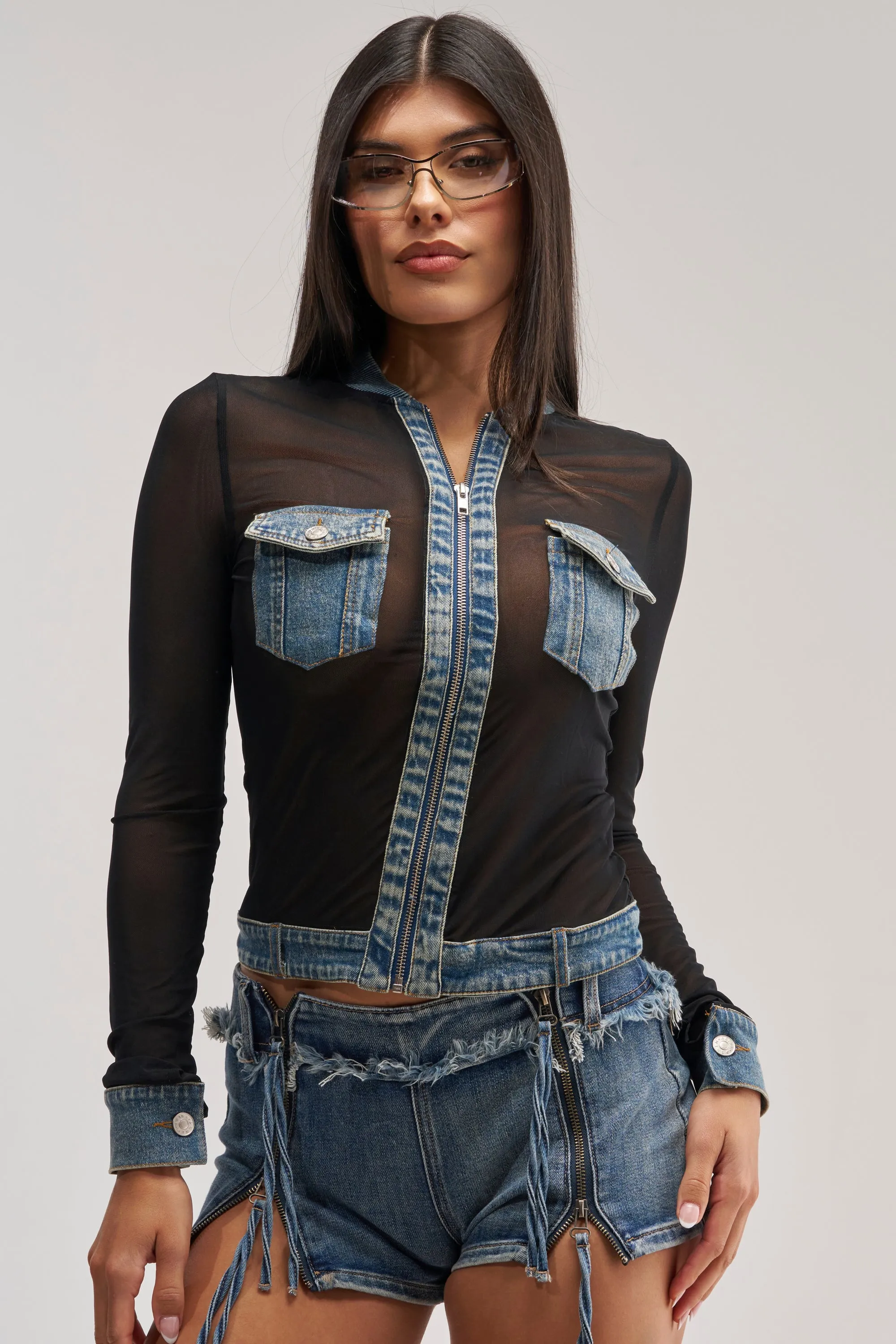 DENIM TRIM MESH ZIP UP TOP sold by AKIRA product image thumbnail 3