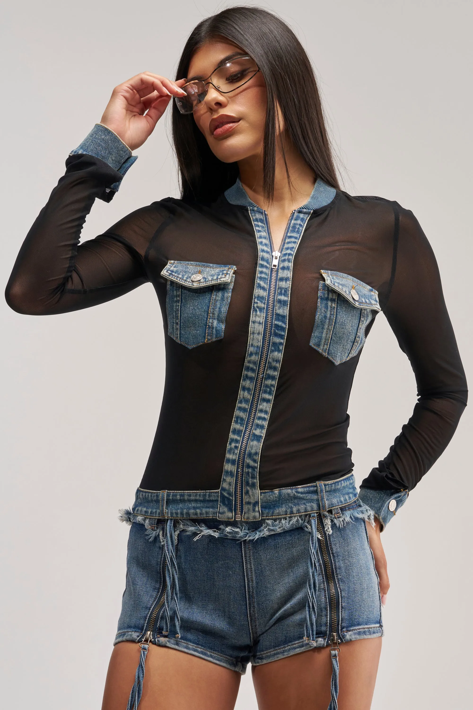 DENIM TRIM MESH ZIP UP TOP sold by AKIRA product image thumbnail 4