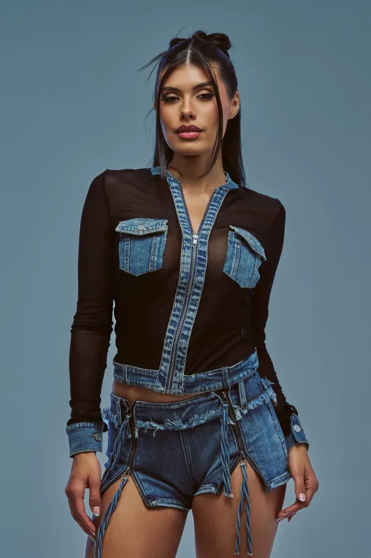 DENIM TRIM MESH ZIP UP TOP made by AKIRA