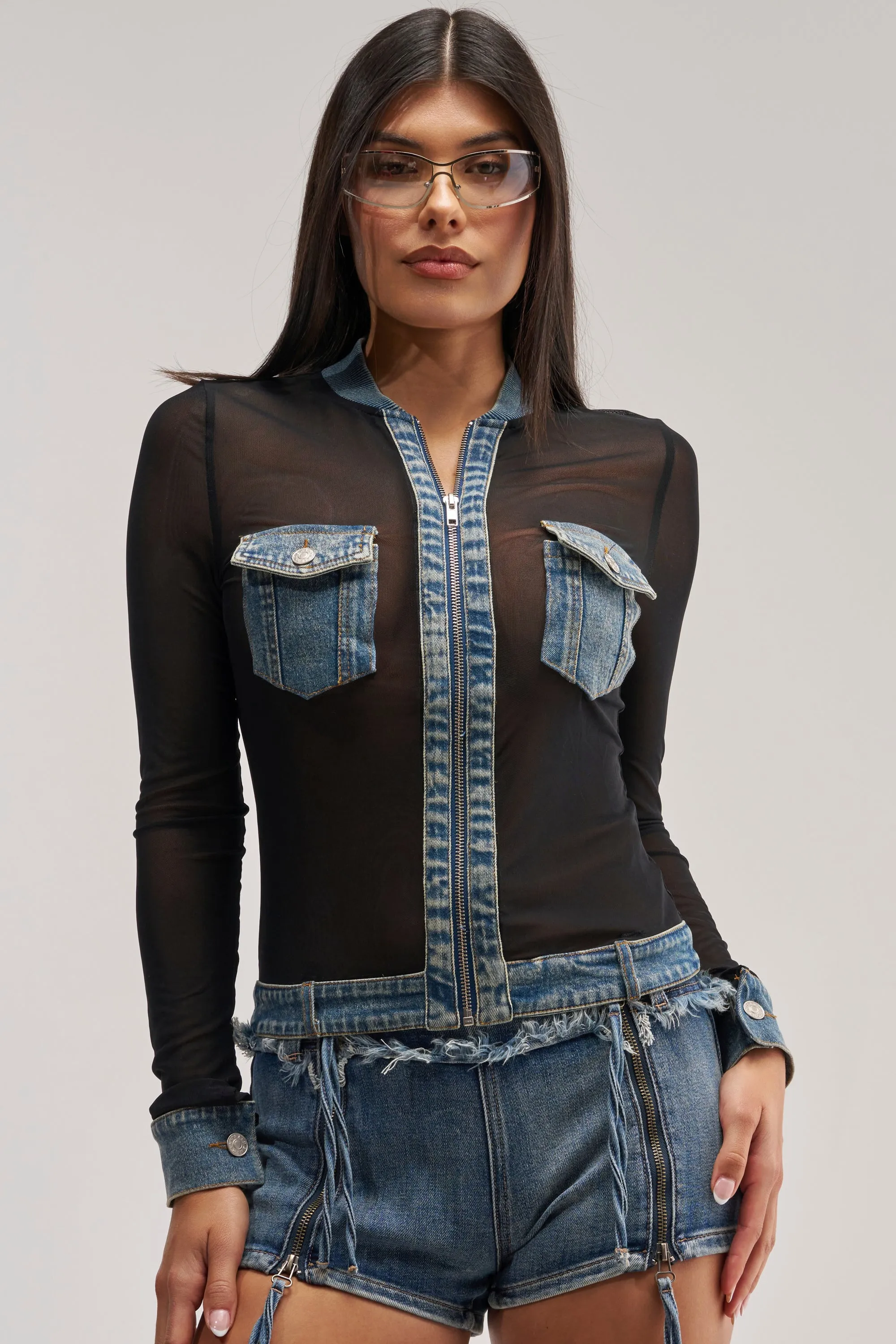 DENIM TRIM MESH ZIP UP TOP sold by AKIRA product image thumbnail 5