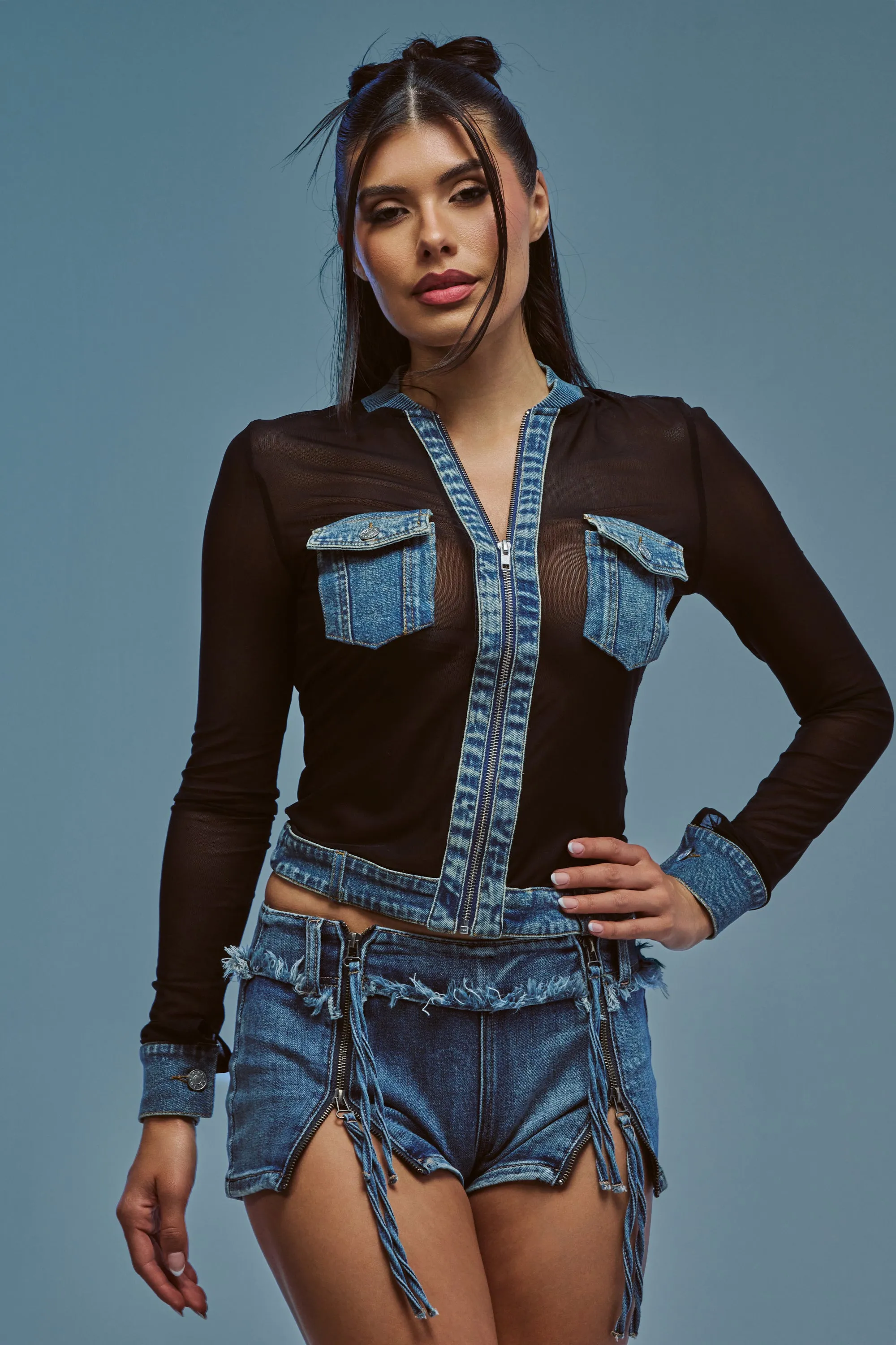 DENIM TRIM MESH ZIP UP TOP sold by AKIRA product image thumbnail 2