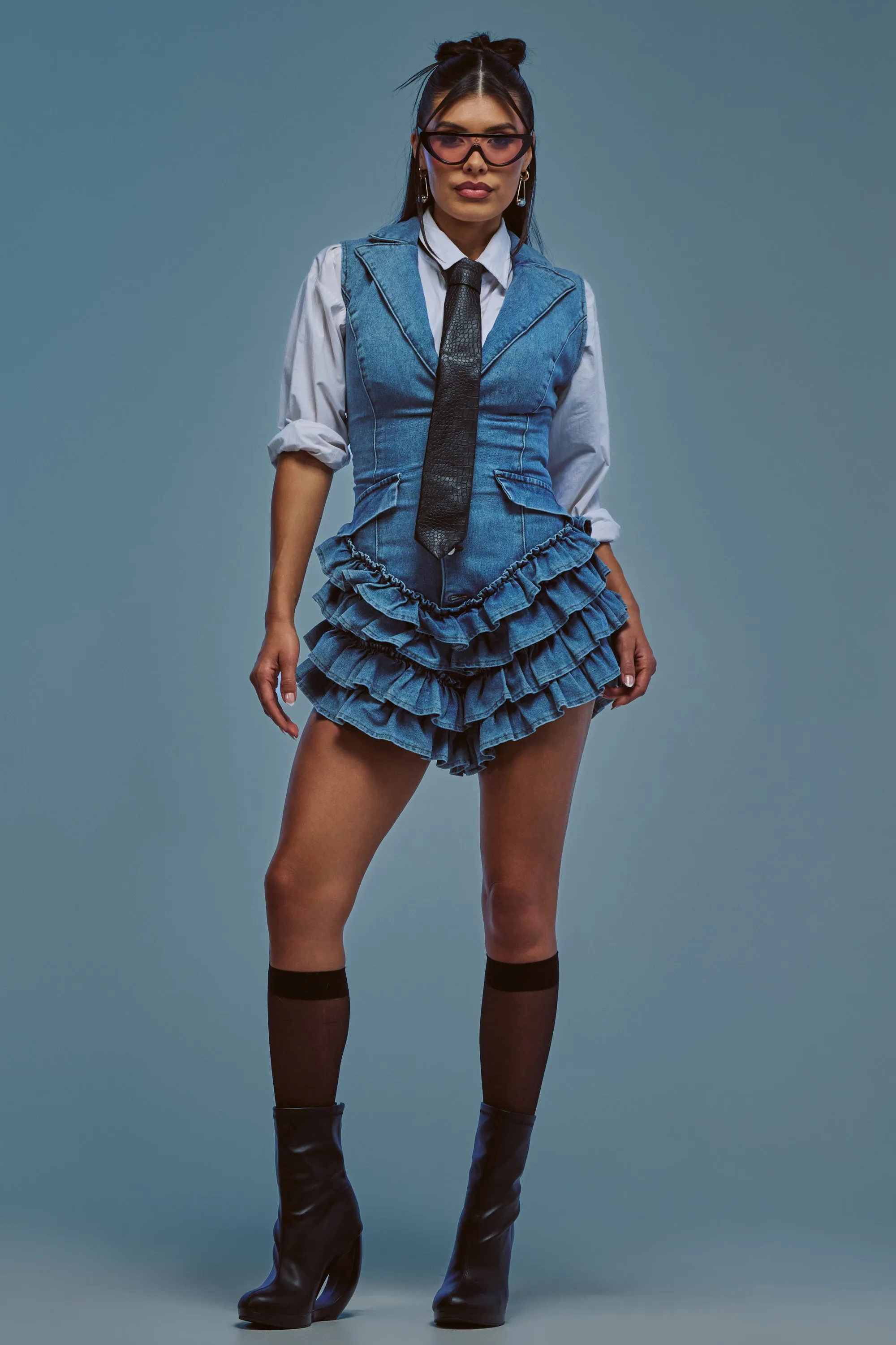 STRICTLY BUSINESS SLEEVELESS ROMPER IN DENIM sold by AKIRA product image thumbnail 2