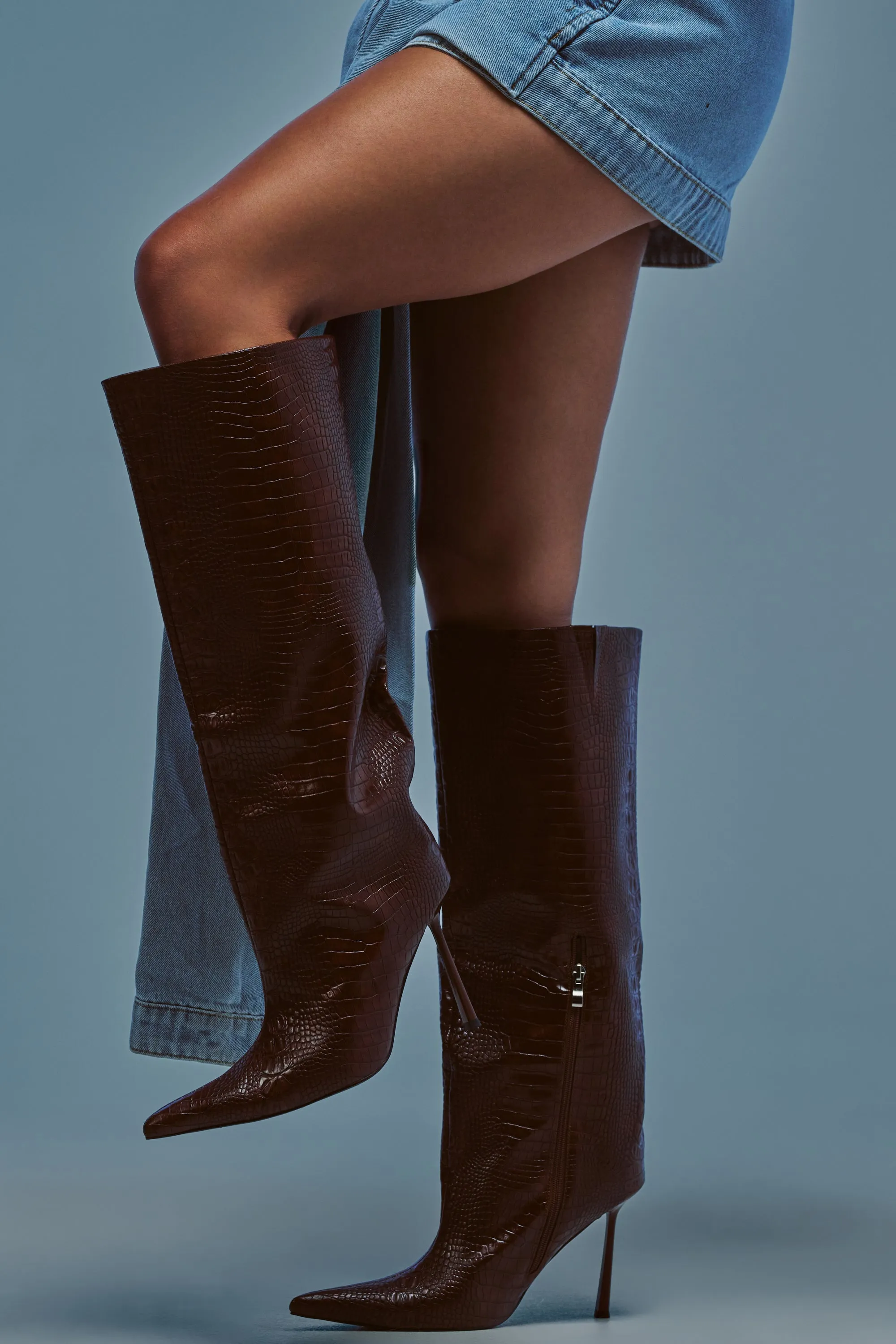 AZALEA WANG MADEYE BROWN CROC KNEE HIGH STILETTO BOOT sold by AKIRA