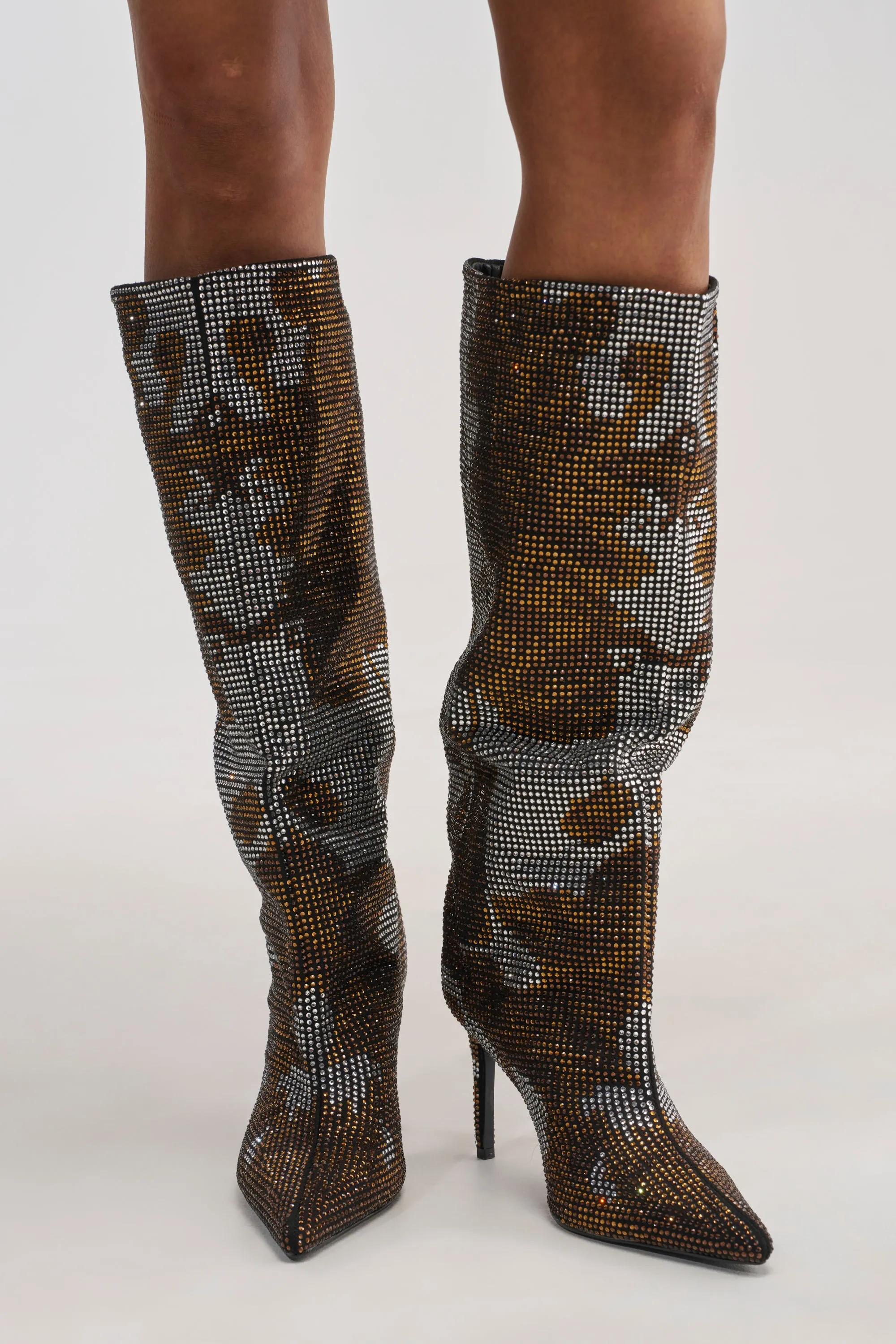 AZALEA WANG ORIEL BRONZE MULTI PRINT RHINESTONE STILETTO BOOT sold by AKIRA