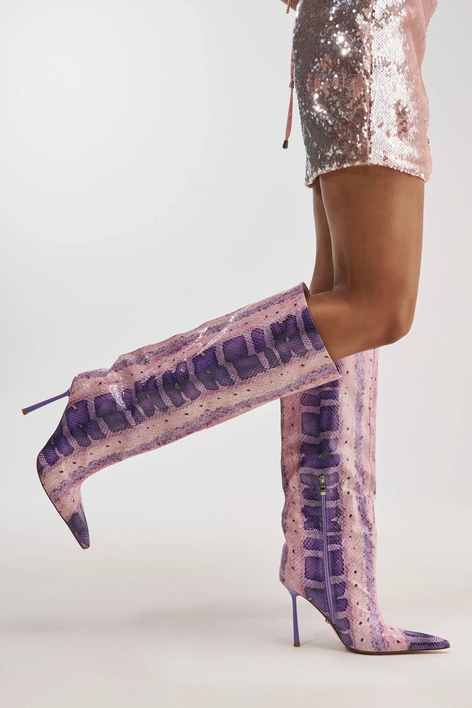 AZALEA WANG MADEYE PURPLE SNAKE KNEE HIGH STILETTO BOOT sold by AKIRA