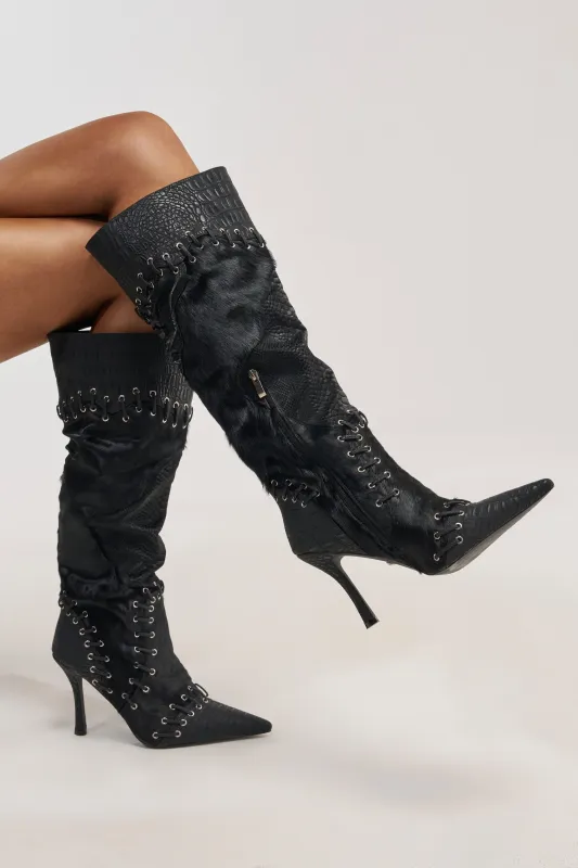 AZALEA WANG NOVAK BLACK PONY HAIR AND LACE UP STILETTO BOOT made by Azalea Wang