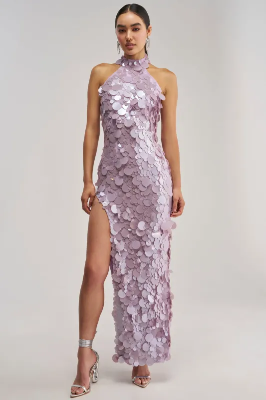 FALL FOR YOU SEQUIN MAXI DRESS IN LILAC made by AKIRA