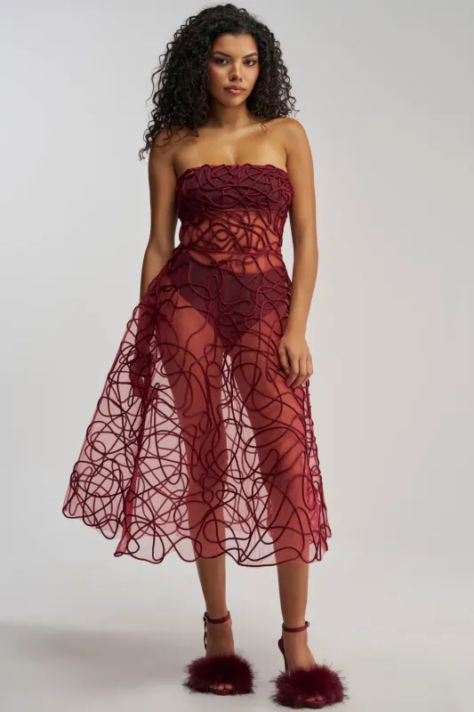 MAYRA ABSTRACT MIDI DRESS IN BURGUNDY made by AKIRA