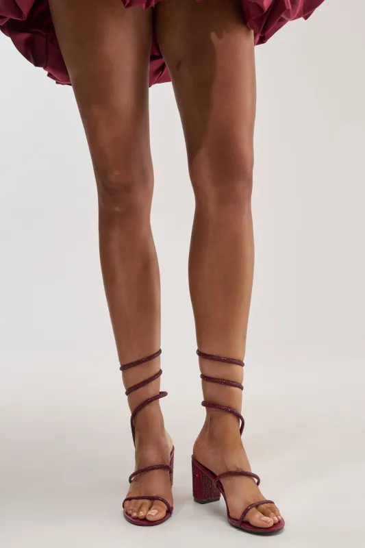 AKIRA SOLEDAD BURGUNDY RHINESTONE COIL SANDAL made by AKIRA