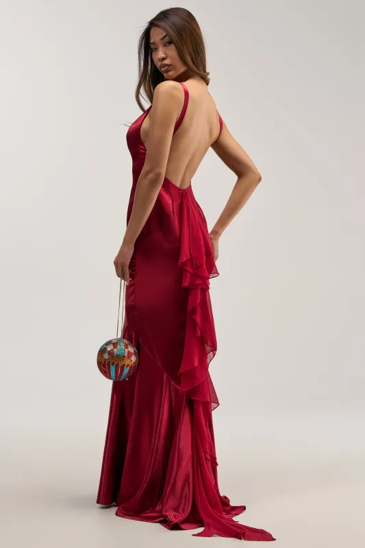 LUCKY ME LOW BACK MAXI DRESS IN RED made by AKIRA
