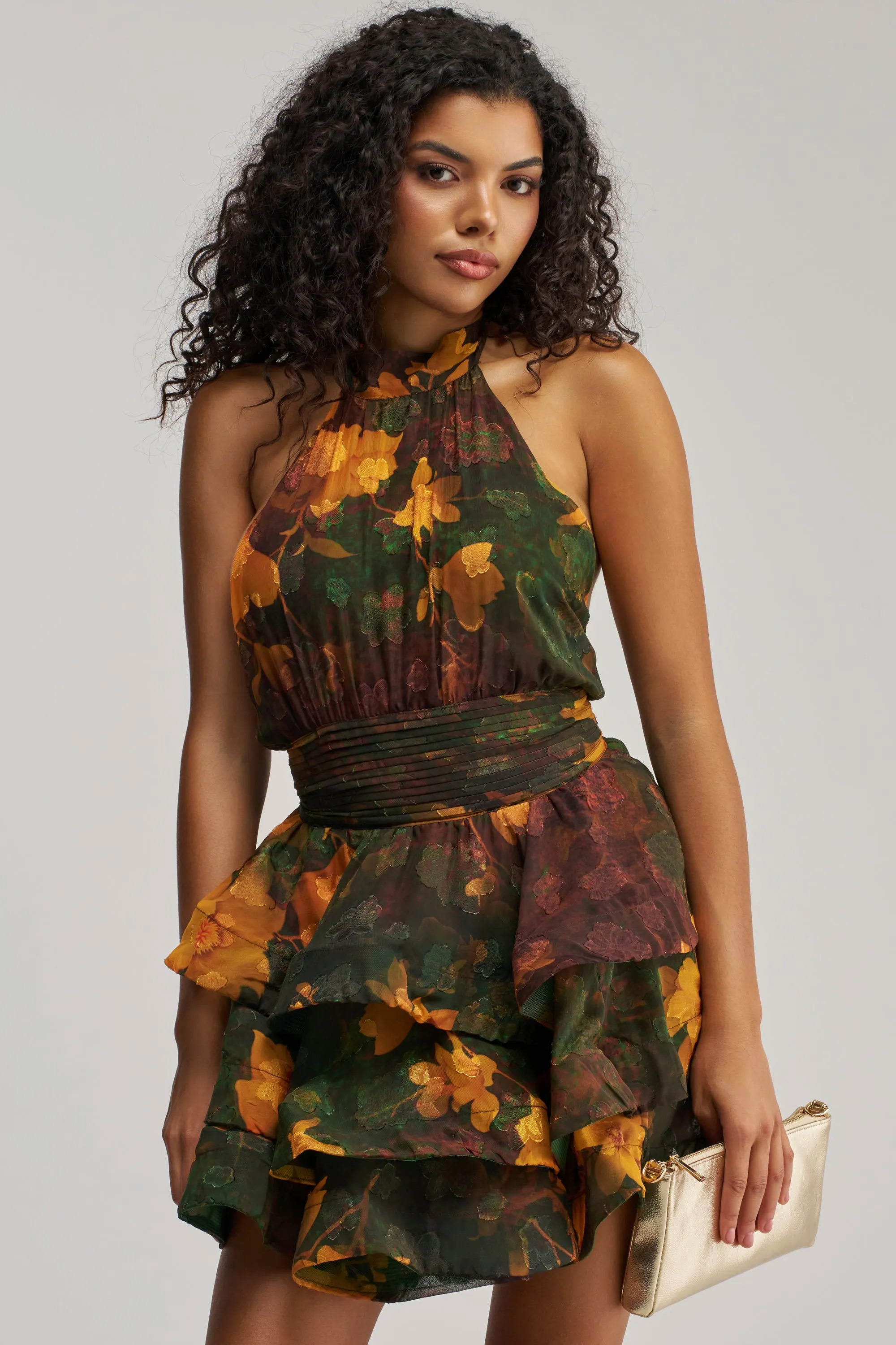 SPIN ME AROUND CHIFFON MINI DRESS IN GREEN FLORALS sold by AKIRA product image thumbnail 2