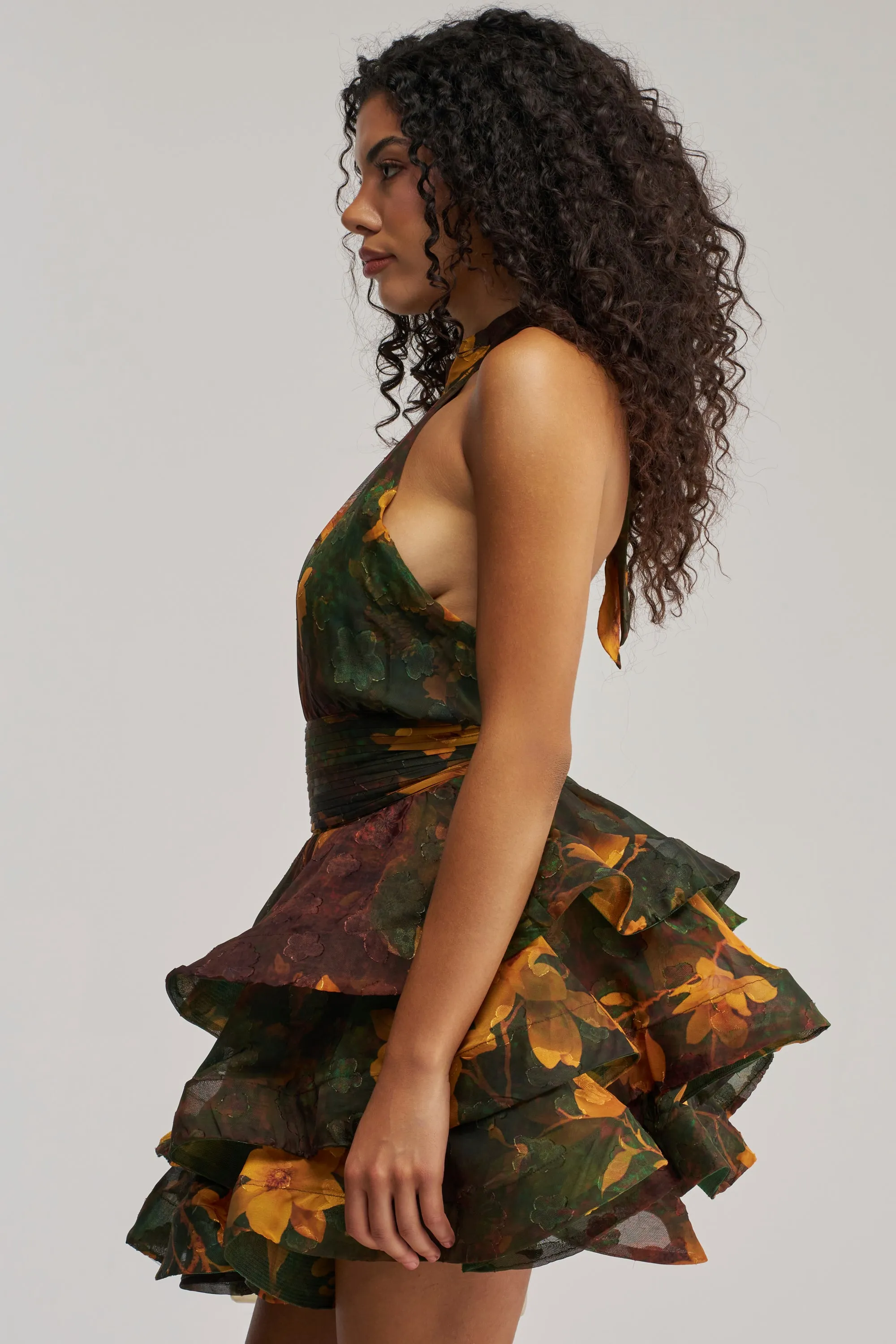 SPIN ME AROUND CHIFFON MINI DRESS IN GREEN FLORALS sold by AKIRA product image thumbnail 3
