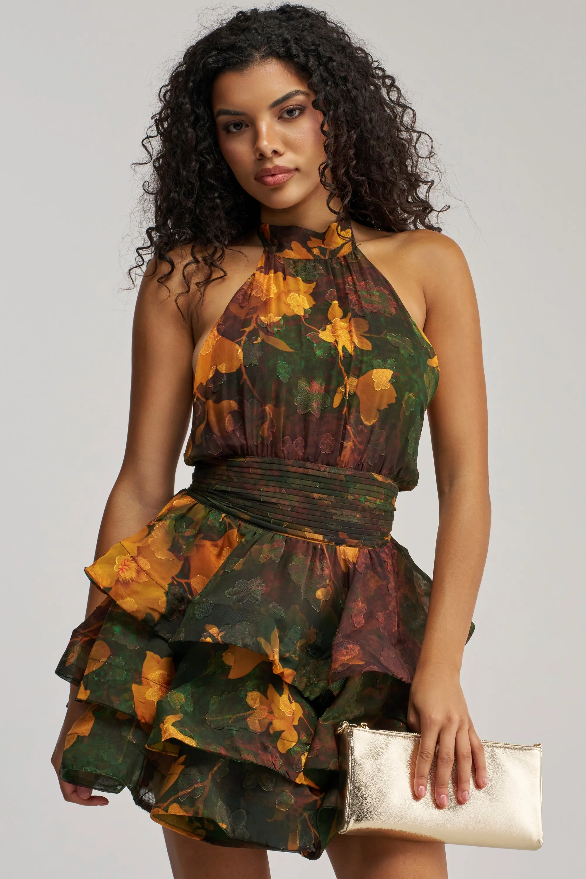 SPIN ME AROUND CHIFFON MINI DRESS IN GREEN FLORALS sold by AKIRA