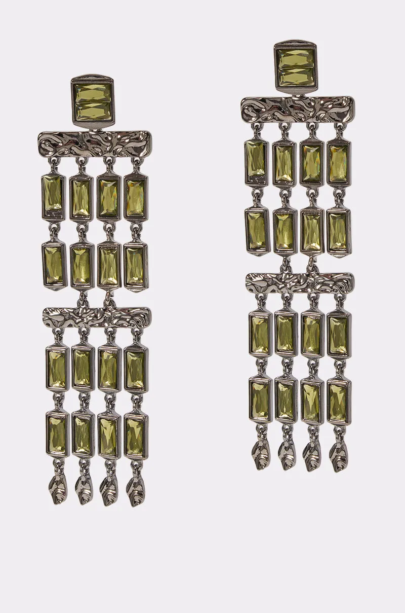 BAGUETTE CHANDELIER EARRINGS IN GREEN sold by AKIRA