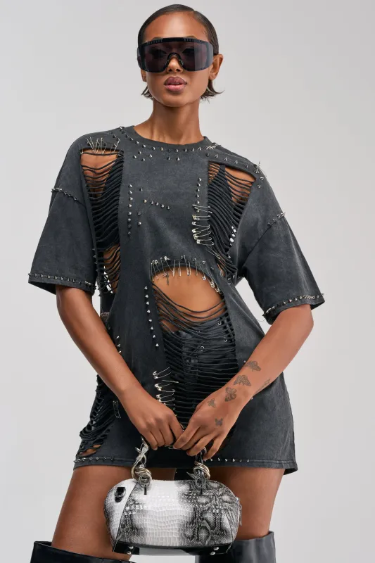 MARGOT DISTRESSED STUDDED SHORT SLEEVE TEE made by AKIRA