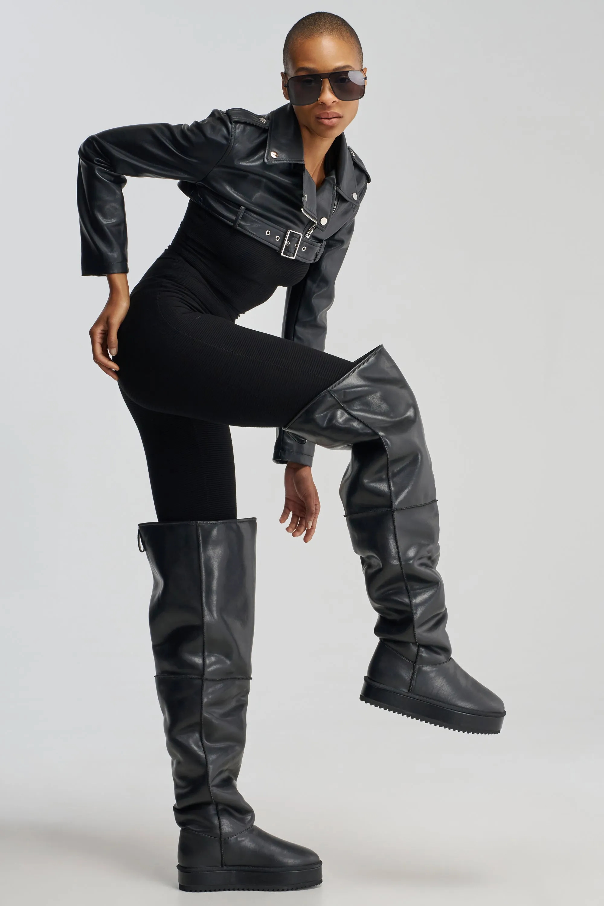 AZALEA WANG MARLOW BLACK PU FLATFORM OVER THE KNEE BOOT sold by AKIRA