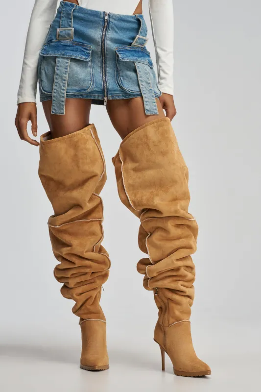 AZALEA WANG FABIOLA CAMEL SHERPA STILETTO THIGH HIGH BOOT made by Azalea Wang