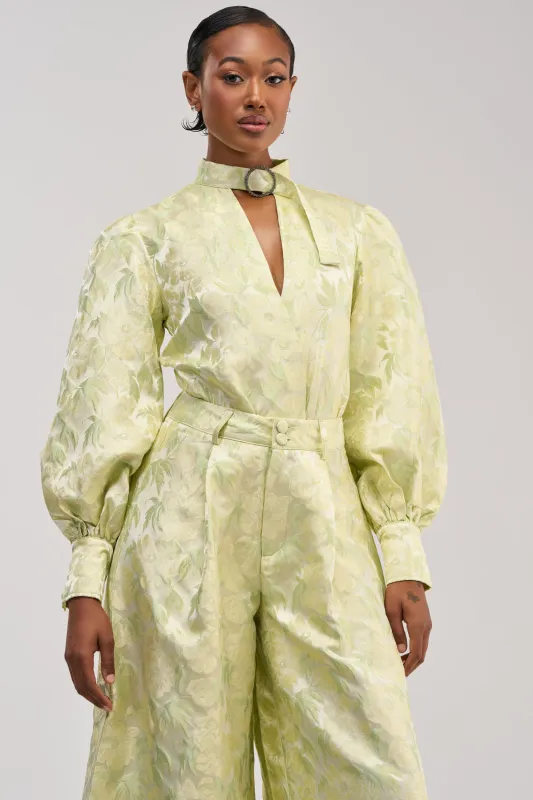 LOOK THIS WAY SHINY BODYSUIT IN GREEN made by AKIRA