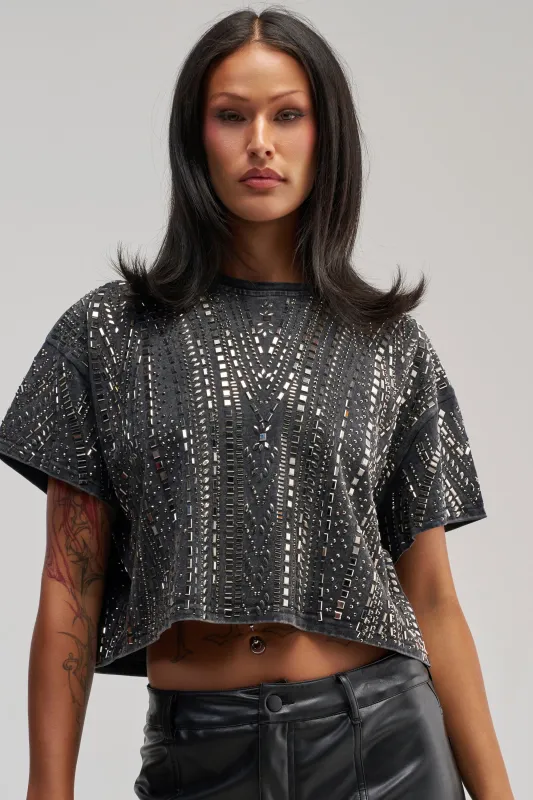 OVER THE TOP RHINESTONE TEE IN CHARCOAL made by AKIRA