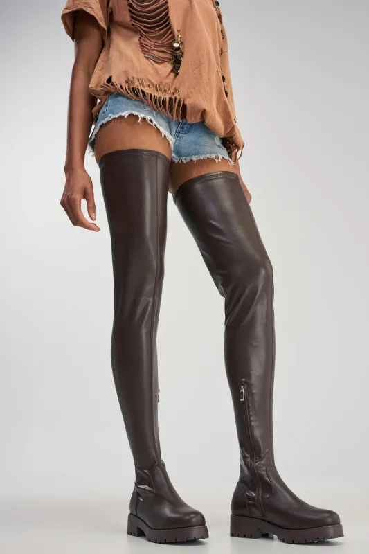AZALEA WANG SURGICAL NEW THIGH HIGH STRETCH PU FLAT BOOT made by Azalea Wang