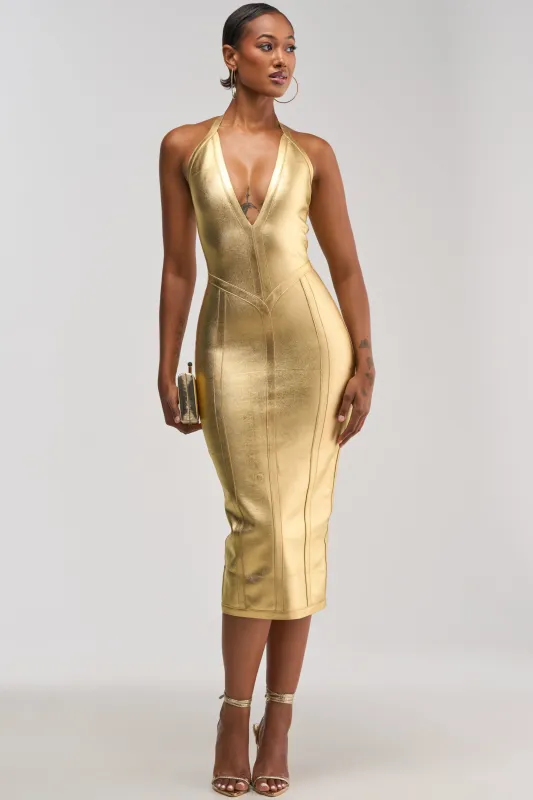 TIA BANDAGE MIDI DRESS IN GOLD METALLIC made by AKIRA