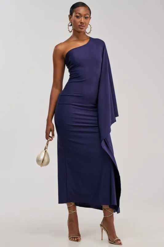 MAEVE ONE SHOULDER MAXI DRESS IN DEEP NAVY made by AKIRA