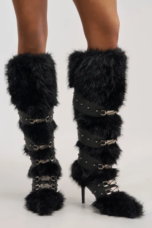 AKIRA GOLD DARIO BLACK FUR WITH STRAPS KNEE HIGH BOOT made by Azalea Wang