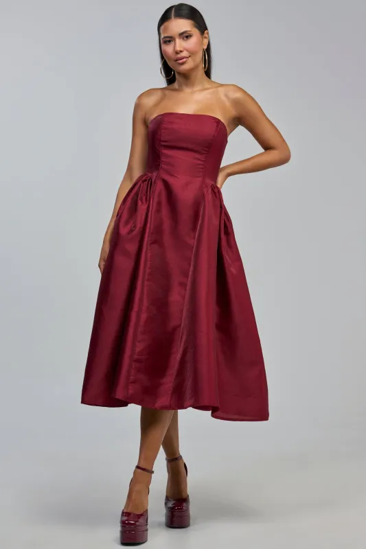 ALWAYS DANCING STRAPLESS MIDI DRESS IN WINE made by AKIRA
