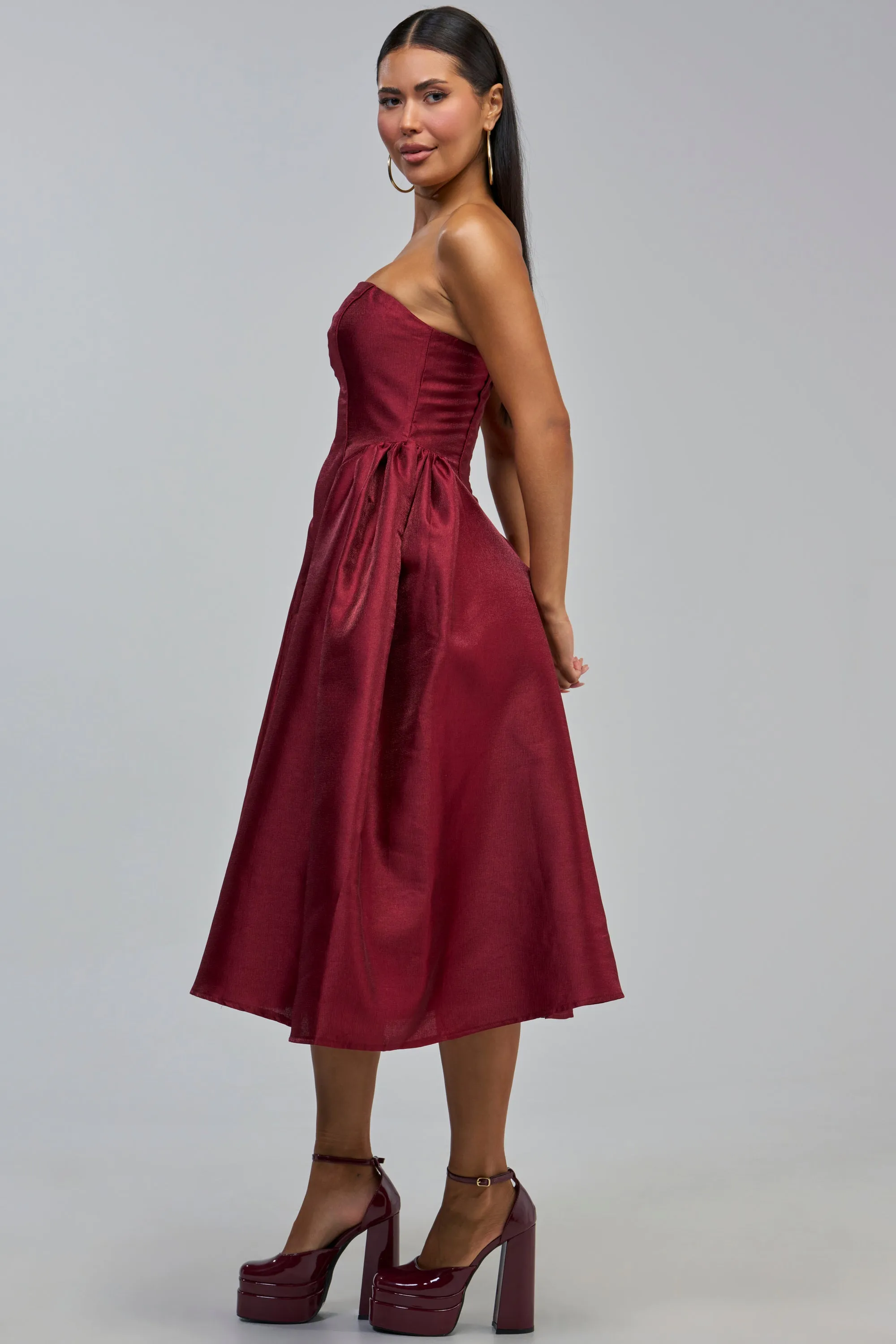 ALWAYS DANCING STRAPLESS MIDI DRESS IN WINE sold by AKIRA product image thumbnail 3