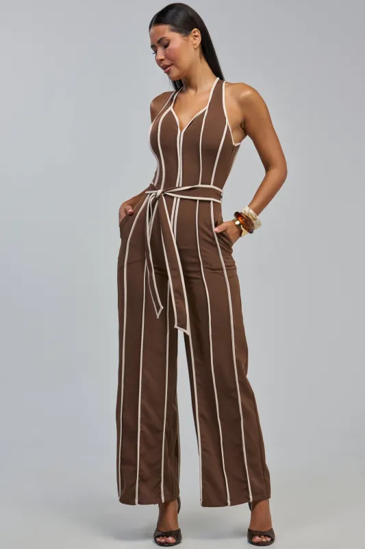 SUMMER SERENADE STRIPE HALTER JUMPSUIT IN BROWN made by AKIRA