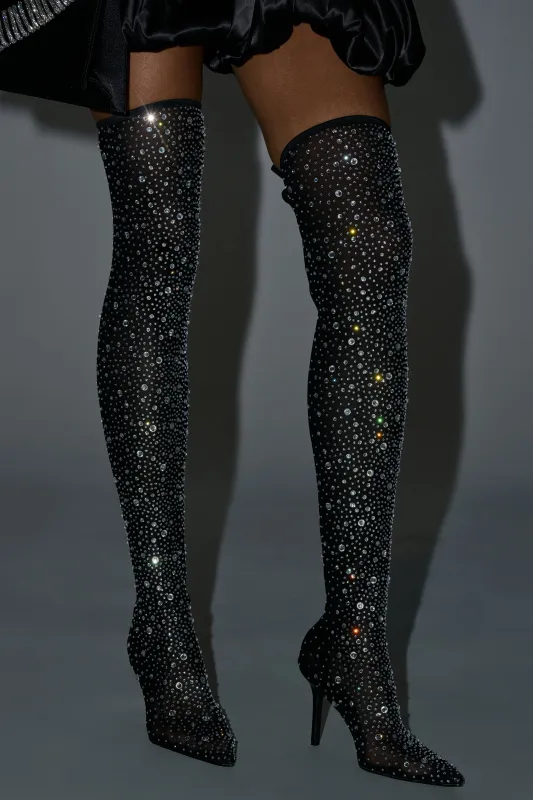 AKIRA GOLD PIA BLACK RHINESTONE MESH THIGH HIGH BOOT made by AKIRA