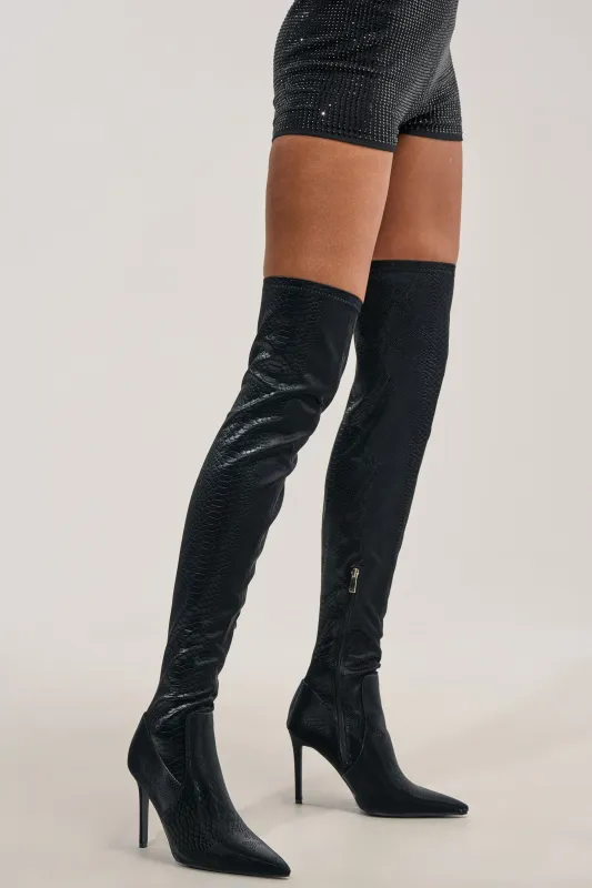 AZALEA WANG INGENUE BLACK SNAKE OVER THE KNEE STRETCH PU STILETTO BOOT made by Azalea Wang