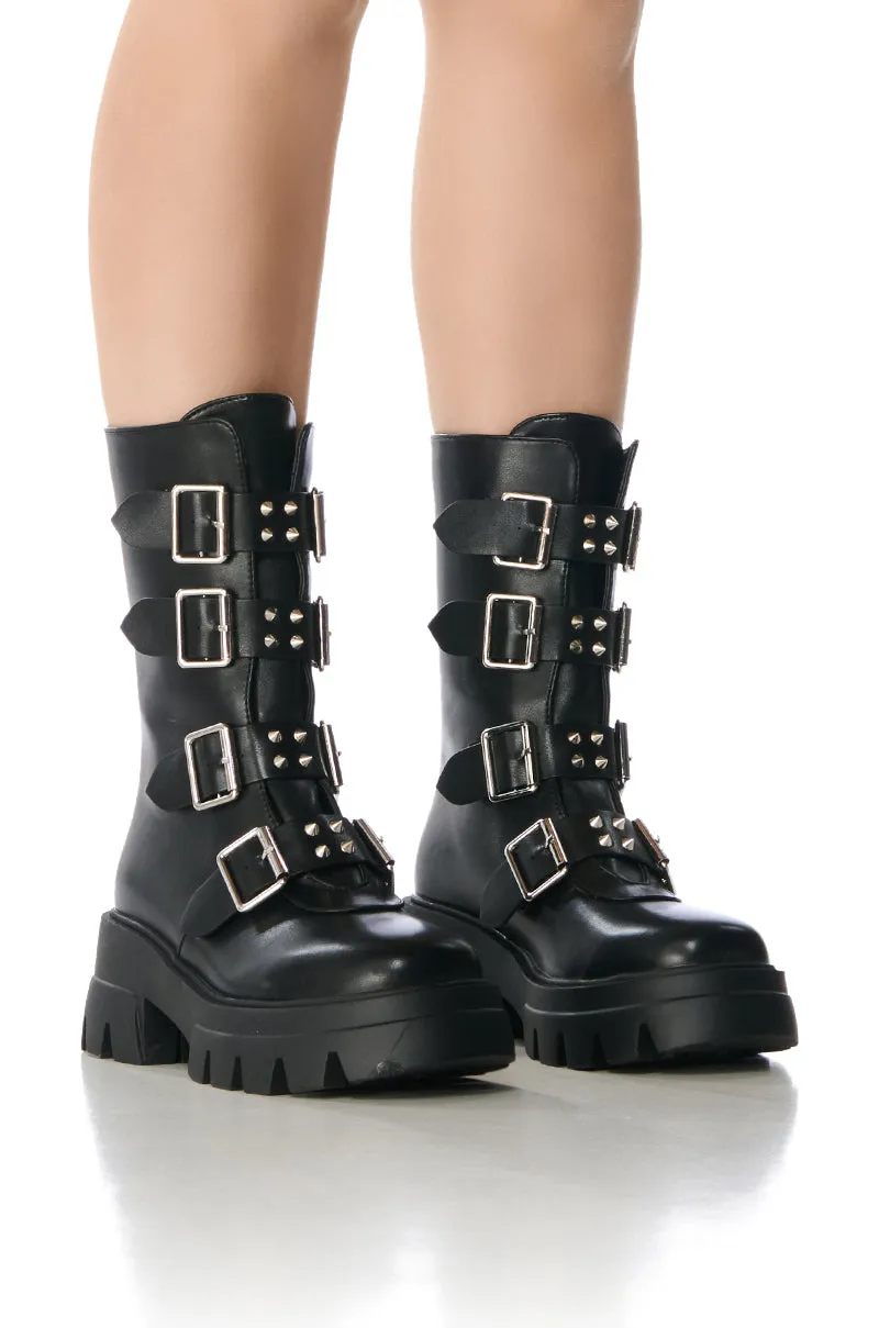 AZALEA WANG SPIKER BLACK SPIKE AND BUCKLE BOOTIE sold by AKIRA