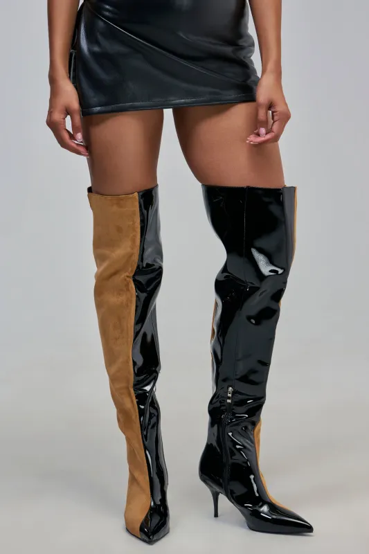 AZALEA WANG REINA TAN AND BLACK COLORBLOCKED STILETTO BOOT made by Azalea Wang