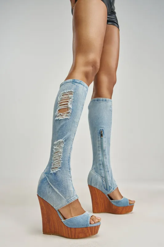 AZALEA WANG BET DENIM OPEN TOE WEDGE BOOT made by Azalea Wang
