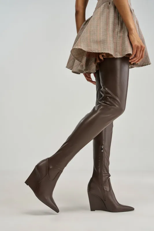 AZALEA WANG VIREX BROWN PU WEDGE STRETCH BOOT made by Azalea Wang