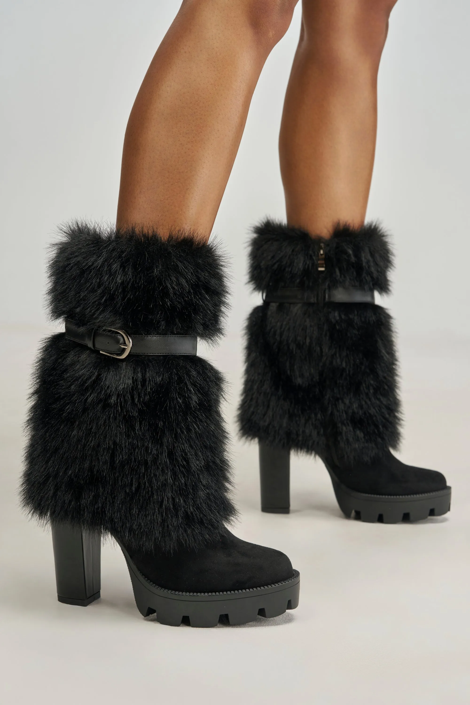 AZALEA WANG PIROSKA BLACK FUR BLOCK BOOTIE sold by AKIRA