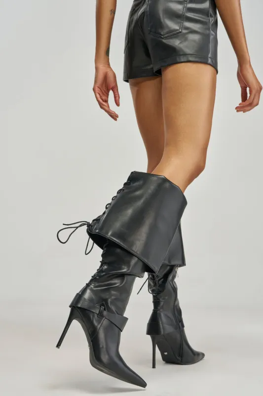 AZALEA WANG VELA BLACK PU KNEE HIGH STILETTO BOOT made by Azalea Wang